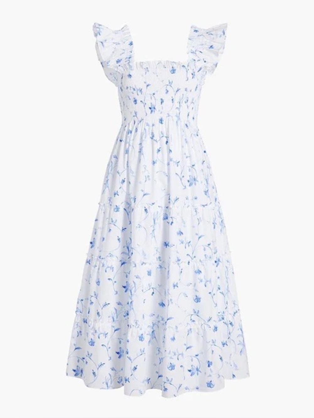 Hill House White Midi Dress with Light Blue Floral Print